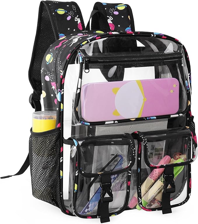 Clear Backpack for Girls, School Kids Heavy Duty See Through Bookbag Unicorn Transparent Backpack with Thicker Strap, Black