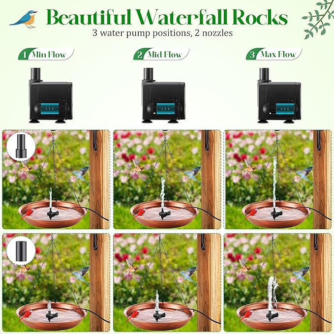 24.8 Extra Large Hanging Bird Bath with 8W Fountain Pump, 14" Copper Metal Bird Bath Bowl with Adjustable 3 Water Flow Modes and 2 Spray Nozzles, Birdbath Feeder for Outdoor Garden Backyard Patio Lawn