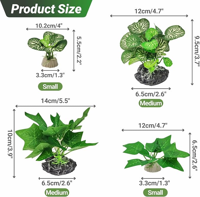 GOZILLA Silk Fish Tank Plants,Reptile Artificial Plant,Reptile Plants for Terrarium,Aquarium Decorations Accessories Set,Resin Pedestal Silk Aquarium Plant for Fish Tank.(4PCS/B-Set)