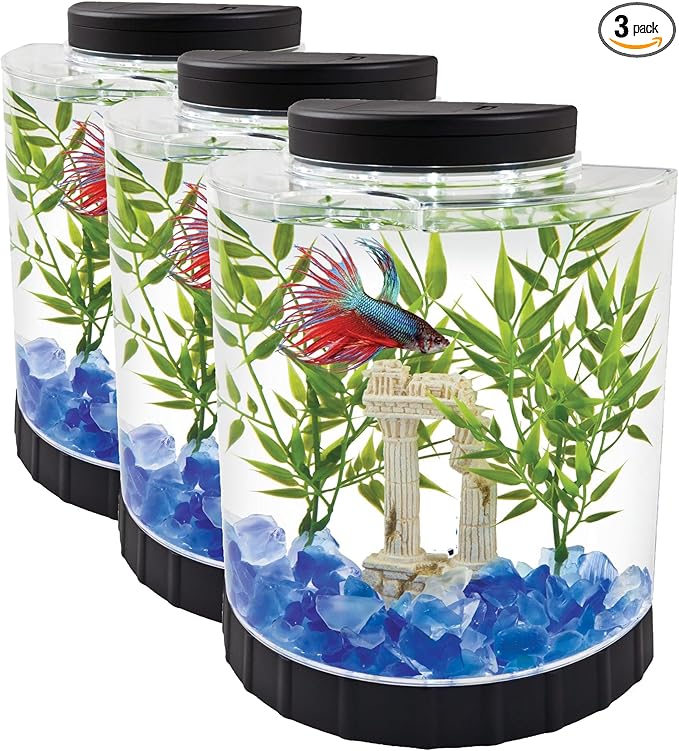 Tetra 1 Gallon Half Moon Small Fish Tank w/Movable LED Light, for Betta & Gold Fish, Aquarium | (Pack of 3)