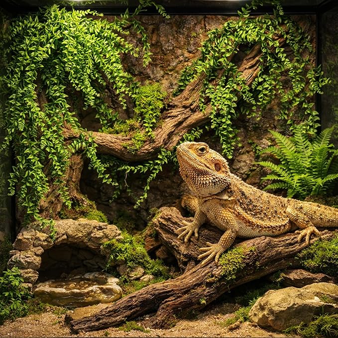 HERCOCCI 5 Pack Reptile Plants, Terrarium Hanging Plants Vines Artificial Leaves Habitat Decorations with Suction Cup for Bearded Dragon Hermit Crab Lizard Snake Geckos Chameleon