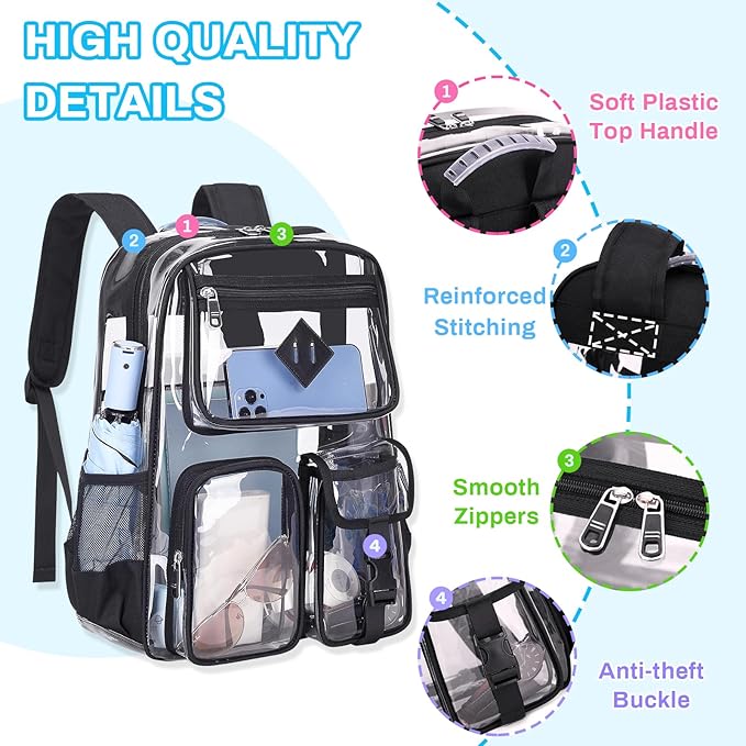 PIG PIG GIRL Clear Backpack for School,Heavy Duty PVC Transparent Bookbag for Girls Stadium Approved See Through Backpack