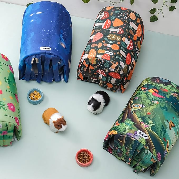 IBWell Guinea Pig Hideout Tunnel with Curtains Cute Forest Bunny Hideaway for Cage Accessories Washable Soft Hedgehog Hides and Houses
