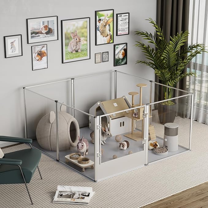 BingoPaw Clear Dog Playpen Fence : Indoor Pet Whelping Box Pen with Waterproof whelping pad - Small Animal Acrylic Exercise Kennel with Metal Frame for Puppy Rabbits Kitten Guinea Pig