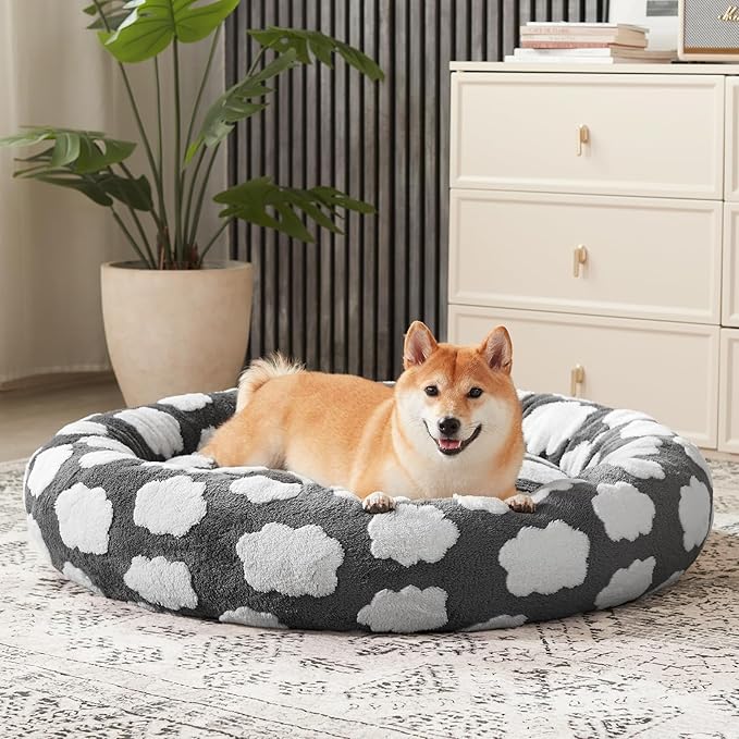 JOEJOY Donut Dog Bed Medium Size, Cute Round Calming Pet Bed with Removable Washable Cover, Orthopedic Cat Puppy Bed with Jacquard Shaggy Plush & Non Skid Bottom