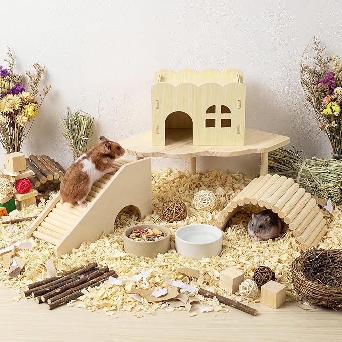 BreezeHug 4 Pcs Hamster Platform Hideout Wooden Tunnel Ladder Playhouse Hamster Game Climbing Toy with Platform Cage Accessories for Pets Dwarf Syrian Mice Degus Gerbils Squirrel(Wave)