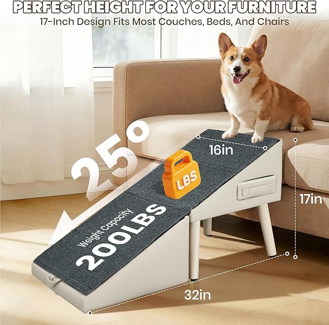 Dog Ramp for Couch and Bed, 17" H Stairs for Small to Medium Dogs and Cats Foldable Steps for Pets to Get on High Bed, Non-Slip Sturdy Ottoman Ramp with Storage Drawer, Brown
