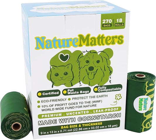 Cornstarch-Based Dog Waste Bags – TÜV Austria Certified Materials | Strong & Leakproof | Eco-Friendly Pet Cleanup | 10% Donated to Charity | 270 Count