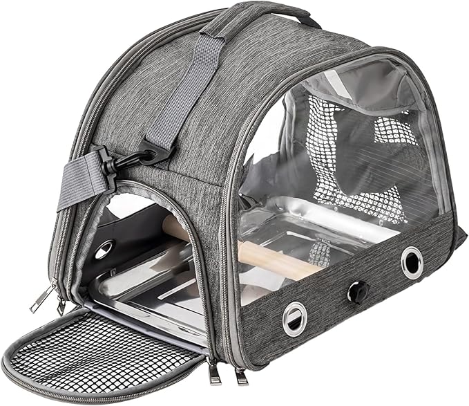 BOSREROY Backpack Pet Carrier, Airline Approved Parrot Transport with Transparent Mesh, Adjustable Shoulder Strap, and Stainless Steel Tray for Smaller Pets