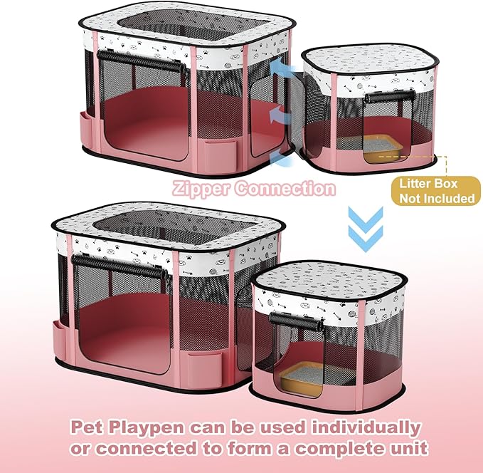 Portable Cat Playpen, 8-Rod Reinforced Kitten Dog Playpens, Foldable Play Pen for Indoor Cats Enclosed Pet Puppy Doggy Outdoor, Collapsible Tent Kennel Cage, Pink
