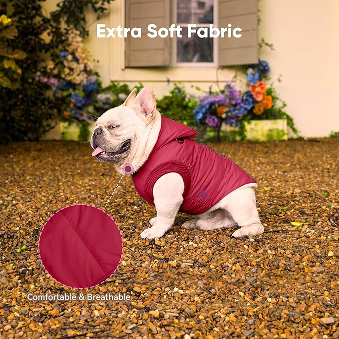 Vecomfy Fleece Lining Dog Hoodie with Harness Built in,Extra Warm Small Dog Jacket in Winter Puppy Coats with Hooded,Red M