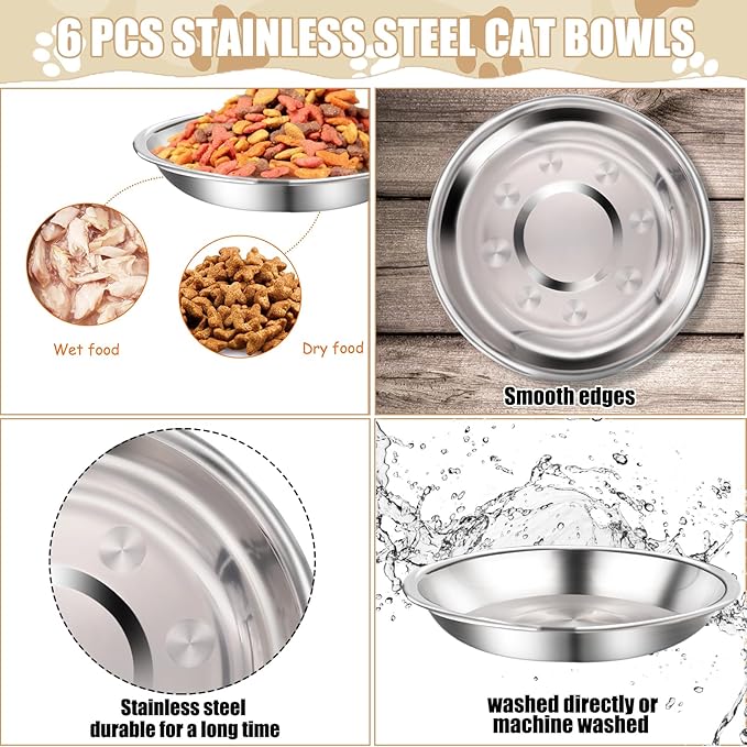 6 Pcs Stainless Steel Cat Bowls Shallow Wide Food Bowls for Cats Replacement Whisker Fatigue Relief for Small Dogs and Cats Indoors (Silver)