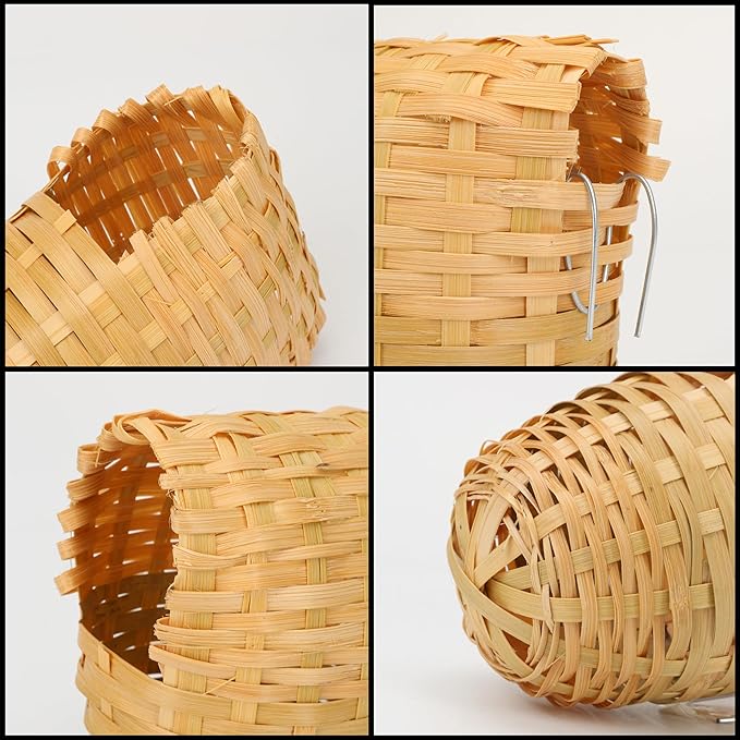 Finch Nests for Cages - Small Bird Nest with Metal Hook, Hand-Woven Box Natural Bamboo Cage Accessories, Hut Toy Hanging Shelter Warm Bird Houses, Handmade Hideout House, Outdoor Balcony Art Crafts