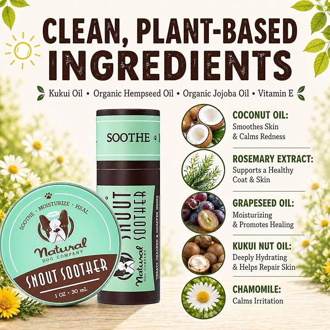 Natural Dog Company Snout Soother Dog Nose Balm – Moisturizing Care for Dry, Crusty, Cracked Noses with Coconut Oil & Shea Butter, Lick Safe Dog Snout Balm for All Breeds - 2 oz Tin