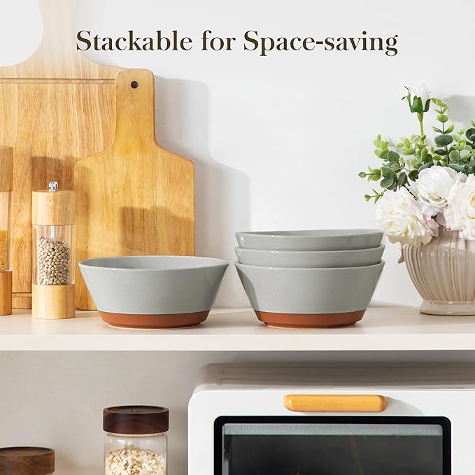 MALACASA Soup Bowls, Ceramic Salad Bowls Set of 4, 36oz Ceramic Bowls for Ramen, Cereal, Fruit and Pho, Microwave & Dishwasher Safe, Speckled Deep Bowls, Grey & Brown