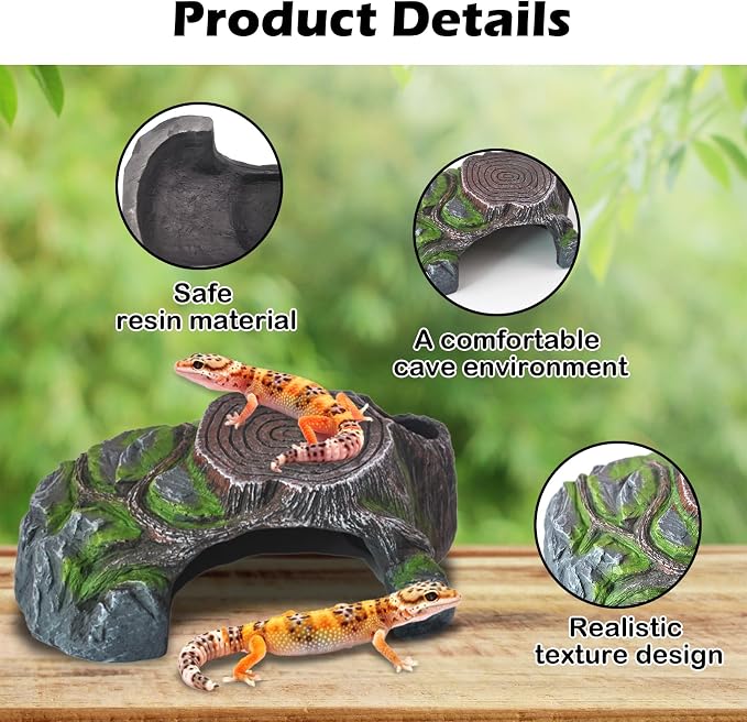 Resin Reptile Hide Cave,Leopard Gecko Cave Hideout Reptiles Habitat Tree Stump Decor Lizard Tank Climbing Ramp Basking Platform Accessories for Gecko Hermit Crab Small Turtle Frog Spider Scorpion