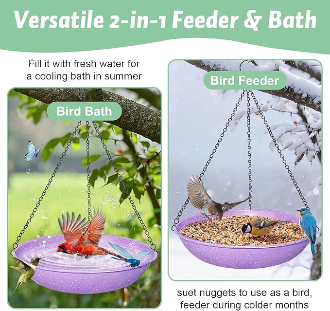 Hanging Bird Bath for Outdoors,Metal Birdbath Bowl with Magnetic Dragonfly Decor Garden Bird Feeder & Water Basin for Backyard,Patio,Decoration,11 Inch Purple Speckled