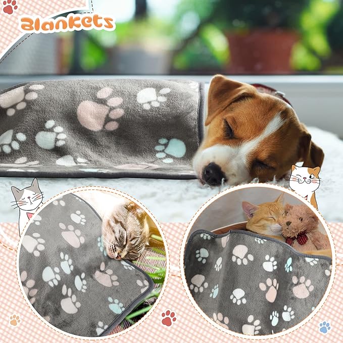 Tatuo 4 Pack Fleece Dog Blankets for Puppy Cats Multi-Size Sleep Mat for Pet Guinea Pig Soft Washable Warm Crate Bed Puppy Teething Toys Print Pattern Blanket Indoor(Dark Gray,30 x 20.5 Inch,Paw)