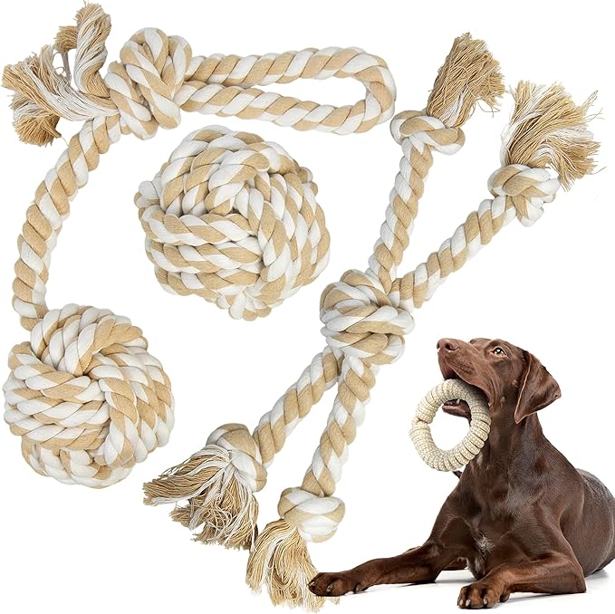 TwoEar Dog Rope Toy 4 Pack - Dog Rope Toys for Large Dogs - Indestructible Natural Cotton Chew Toys for Aggressive Chewers - Tough Tug of War Dog Toys for Boredom, Teeth Clean