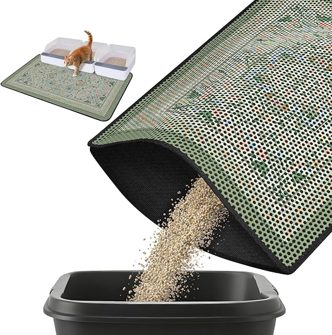 Bienbee Cat Litter Mat, 46"x27" Jumbo Litter Mat Double Layer Litter Trapping Mat,Reduces Tracking and Keeps Floors Clean,Bean-Green Retro Floral XL