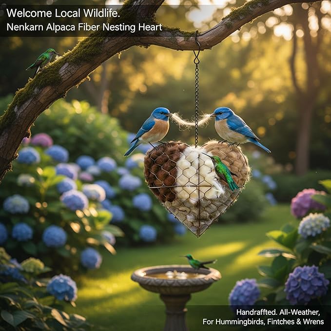 Handmade Alpaca Fiber Bird Nesting Heart - Weather Resistant Wild Bird Nesting Material Holder with Refillable Soft Fibers and Hanging Chain for Hummingbirds, Finches & Wrens (7.1*7.1*2.8in)