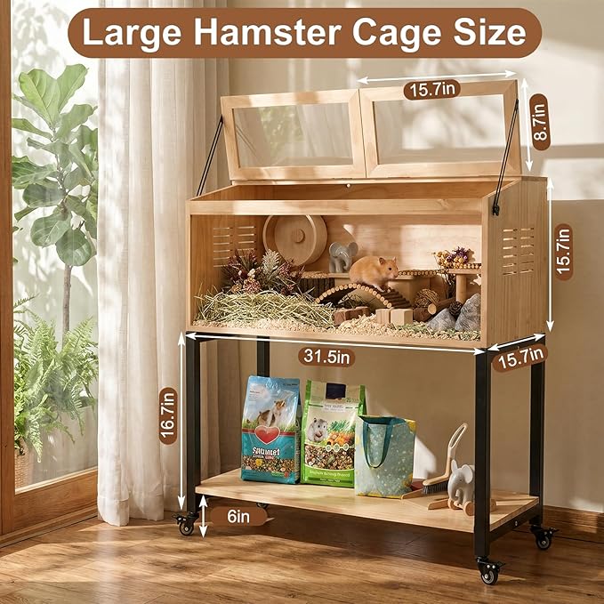 Hamster Cage with Storage, Wooden Hamster Cage, Pine, Guinea Pig Cages, Large Size 31.5"L x 16"W x 38.0"H, 2 Tiers Movable Hamster Cages with Storage Shelf for Guinea Pig, Chinchilla, Rat, Bunny, etc.