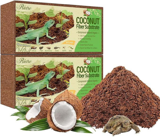 Riare 2 Pack Natural Coconut Fiber Substrate, Coco Coir Reptile Bedding | Coconut Husk Reptile Substrate for Tortoises, Hermit Crabs, Snakes, Bearded Dragon, Geckos, Reptile Enclosure/Terrarium Setup