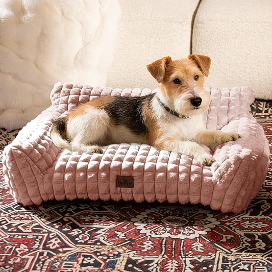 Cute Small Dog Couch Bed – Supportive & Fluffy Pet Sofa with Faux Rabbit Fur Washable Cover in 3D Diamond Pattern, 30" Pink
