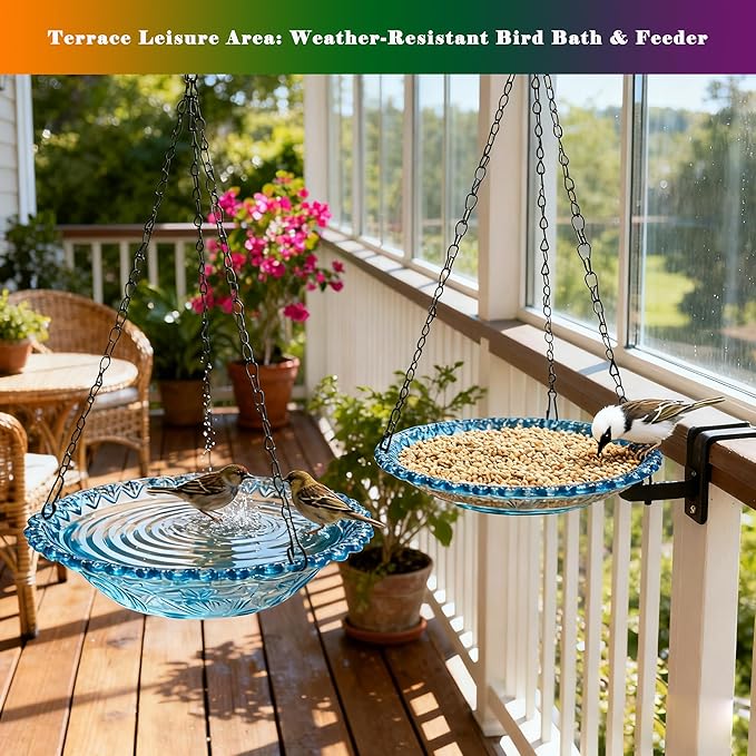 4 Pack Super Value Hanging Plastic Bird Baths and Feeders for Outdoors Bird Water Bowls and Seed Trays Set Attract Wild Birds Garden Yard Decor Gift (4 Pack Blue)