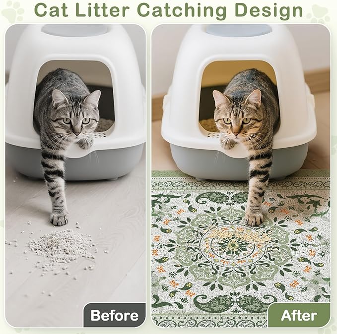 Unicorn Catcher Cat Litter Mat 33" x 22" Non-Slip Litter Box Mat Washable Litter Catcher Mat for Litter Box Indoor Food Mat Supplies Essentials, Green Mandala