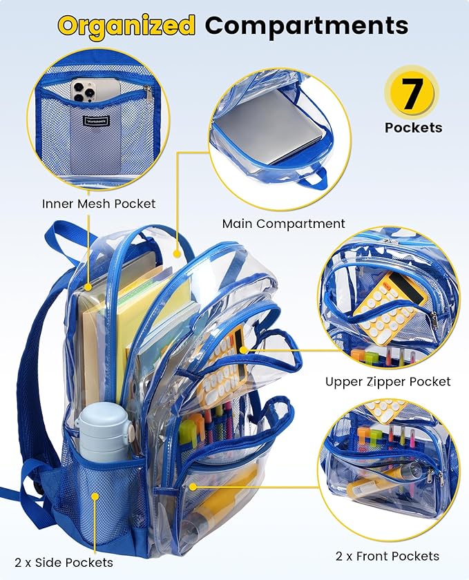 Vorspack Clear Backpack for School - Heavy Duty See Through Bookbag for Girls Boys Large Transparent Backpacks for Work, Travel - Blue