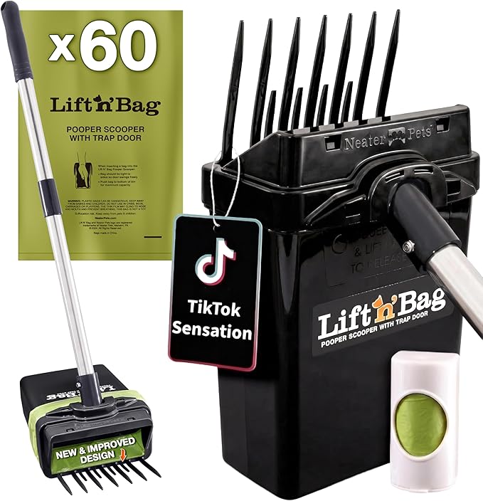 Neater Pet Brands Lift N’ Bag 2.0 Dog Pooper Scooper with Bag Attachment & 22" Pole for Small to Large Dogs, New & Improved Design, 60 Refill Bags, Heavy Duty Dog Poop Scooper for Yard, One-Hand Use