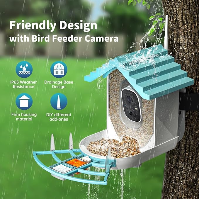 Smart Bird Feeder with Camera Solar Powered & AI Bi rd Identification, 2.4Ghz WiFi Bird feeders for Outdoors, 2K Live Video, Instant Arrival Alerts - Blue