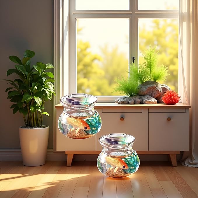 2Pcs Miniature Fish Tank Toy Mini Round Fish Bowls Resin Goldfish Grass for Dollhouse Desktop Craft Project Decor,Mini Fish Bowl,Dollhouse Accessories,Dollhouses Décor