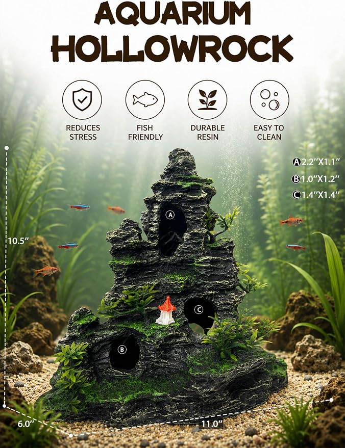 Aquarium Decor - Tall and Large Mountain Rock Ornament for Fish Tank, Aquarium Hideout with Rock Texture for Betta, Guppy, Shrimp - Aquatic Hide Decoration, Fish Hiding House（Red Tower）