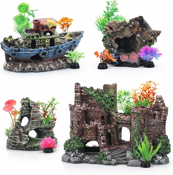 16 Pieces Large Fish Tank Decorations Kit Resin Aquarium Castle | Broken Barrel Hideout Rock Cave Fish Tank Decor Artificial Plastic Plant Ornaments Accessories