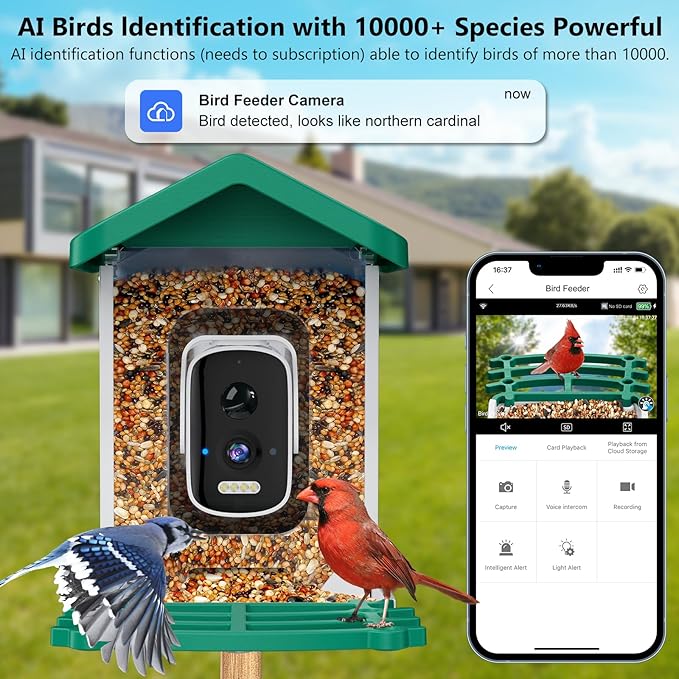Smart Bird Feeder with Camera, AI Bird Species Identification Solar Powered Panel, 2.5k HD Video Bird House with Camera for Outside Garden, Ideal Gifts for Lover,Valentine's Day, Green