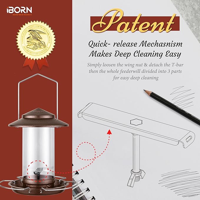 iBorn Bird Feeder Metal Squirrel Chew Proof Bird Feeders for Outdoors Hanging Outside for Cardinal, Holds 1.5LB Seed with 3 Perchs, Brushed Coffee (Seed is not Included)