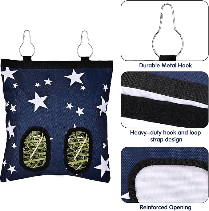 Upgraded Rabbits Hay Feeder Bag for Bunny, Guinea Pigs, Chinchillas - Hanging Washable 2-Hole Hay Dispenser with 600D Oxford Fabric, Small Animal Cage Accessories （Blue Star and Blue Daisy）