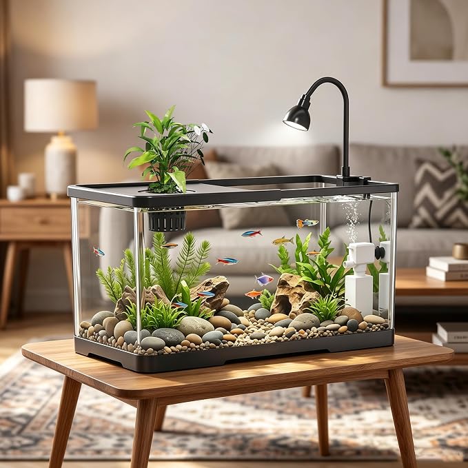 2 Gallon Hydroponic Fish Tank, Small Desktop Aquarium Kit | Compact hydroponic desktop aquarium with quiet filter pump & LED light. Ideal for betta fish, shrimp & home office decor.