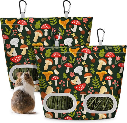Glittme 2 Pack Guinea Pig Hay Feeder, 11.5x9 Inch Hay Bag for Rabbits, Hanging Hay Holder for Guinea Pigs Cage Hay Feeder for Bunny, Small Pets,Green Mushroom