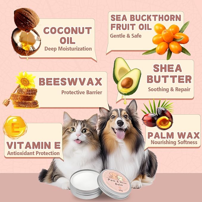 Dog Paw & Nose Balm for Dry Cracked Paws, Lick-Safe Natural Paw Pad Balm for Dogs & Cats, Moisturizing Protection from Snow, Salt & Hot Pavement, 60g