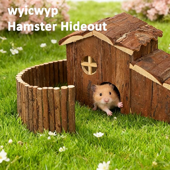 Hamster Hideout Wooden Hamster House and Natural Wood Rat Hut Hamster Bridge for Dwarf Hamster Mice Playing Hiding