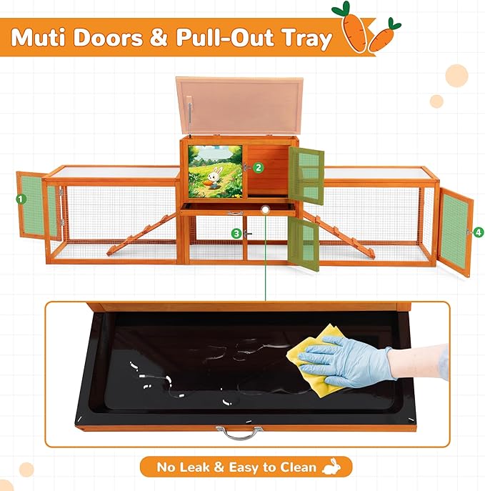 COZIWOW Large Wooden Rabbit Hutch Outdoor Indoor, 94.5" L 2-Level Bunny Cage for 2 or More Small Animals with Removable Tray & Multiple Entrances (Orange)
