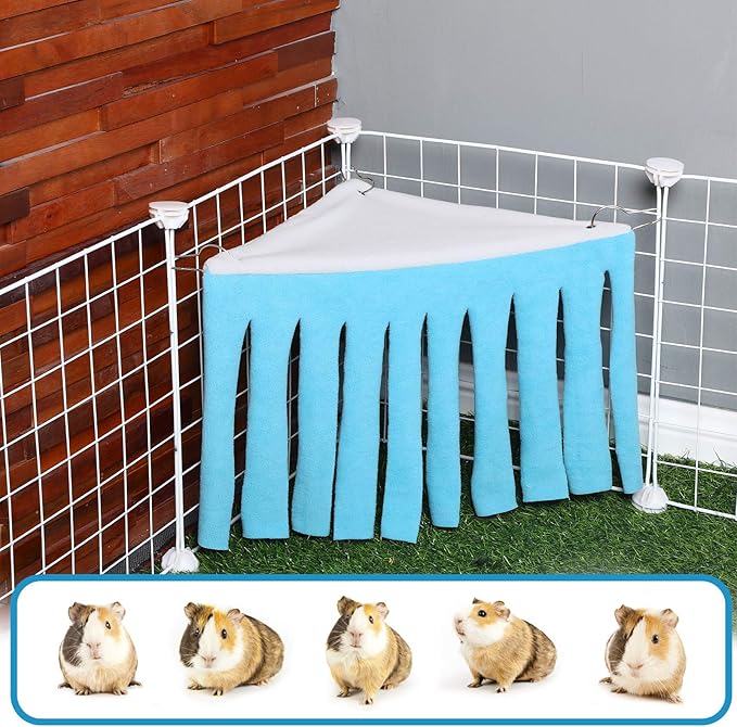 Shappy 2 Pcs Guinea Pig Hideout Hideaway Corner Fleece Toys Cage Accessories Cute Ferret Hammock for Ferrets Chinchillas Hedgehogs Small Pets(Grey with Blue, Grey with Green, Patternless)