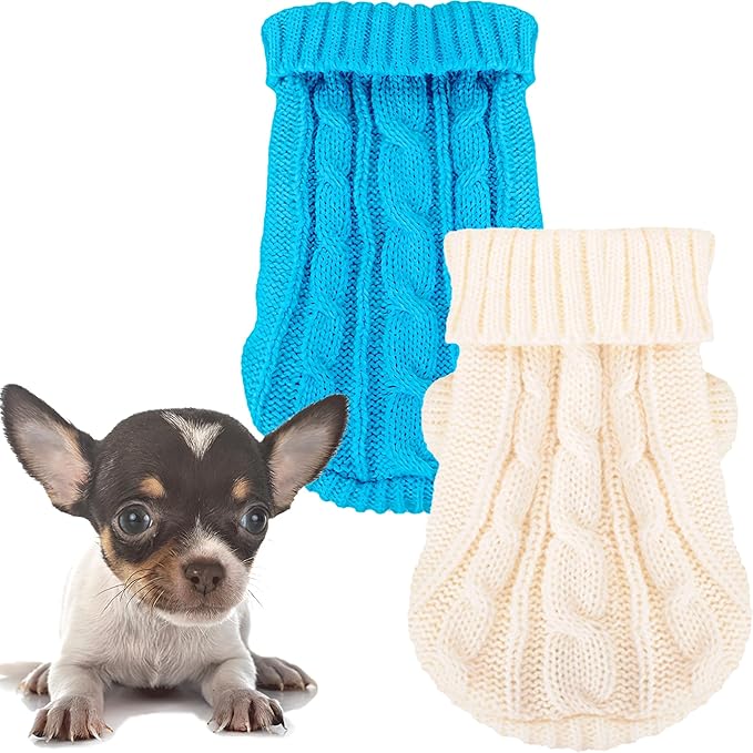 2 Pieces Xxs Dog Sweater Chihuahua Clothes Dog sweaters for Small Dogs Girl Boy Teacup Dog Yorkie Turtleneck Knitted Sweater Pet Clothes Fall Dog Clothes Blue White