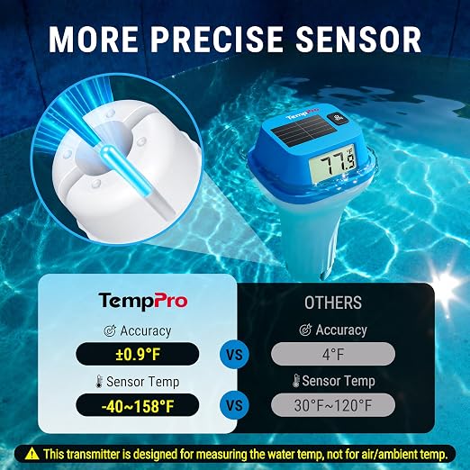 TempPro TempAir IPX8 Solar-Powered Pool Thermometer Floating with String | 0.9 °F accuracy, Double-Sided Large LCD Screen, Ultrasonic Sealing Design for Swimming Pool, Hot Tub, Cold Plunge, Ice Bath