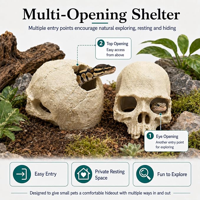 Skull Terrarium Decor Reptile Hideout for Tank(White) | Realistic Resin Skull Hideouts,Decorative Skeleton Head Caves for Betta Fish Juvenile Ball Python Gecko Tarantula