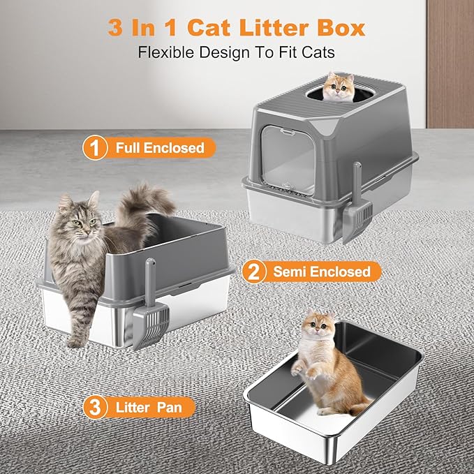 Extra Large Stainless Steel Cat Litter Box Enclosed with Lid - 24" x 16" x 17" Metal Cat Litter Box XXL for Cats, Front Top Entry High Side Kitty Litterbox with Scoop & Mat, Anti Leakage, No Sticky