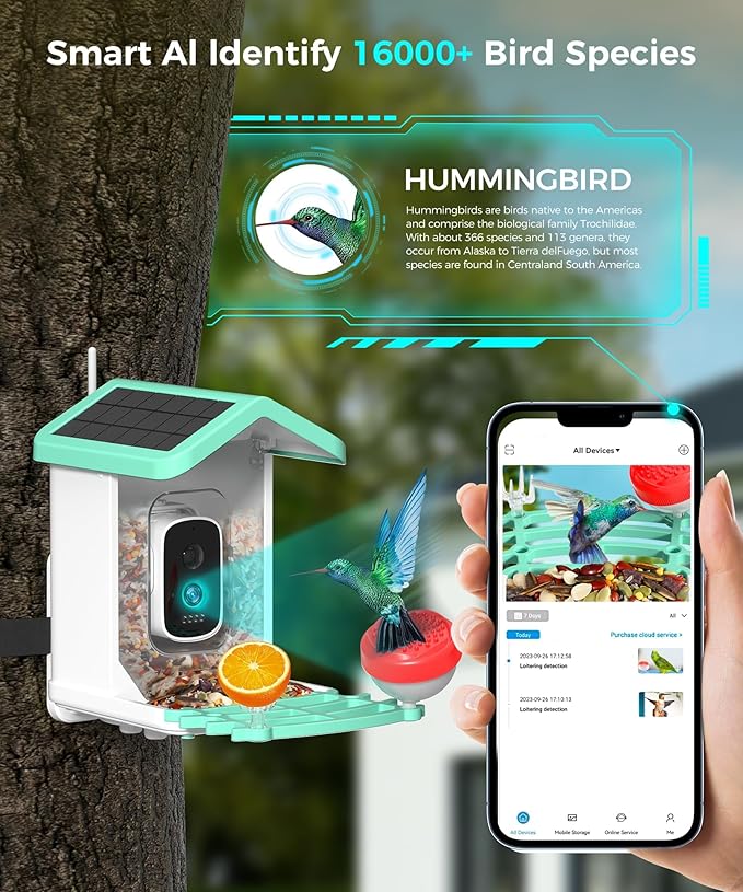 Smart Bird Feeder with Camera, Solar Powered Bird Feeder Camera for Outdoors, AI Bird Identification, Auto Capture & App Notification, Waterproof Bird House for Backyard Garden Present